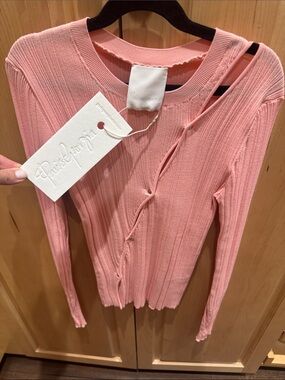 Paris Georgia Pink Ribbed Button-Front Long Sleeve Top